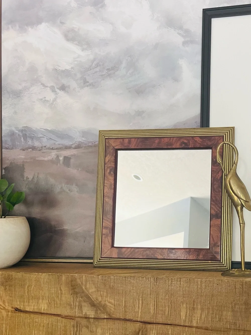 Vintage Faux Burl Wood Gold Reeded Square Mirror Hollywood Regency Vanity